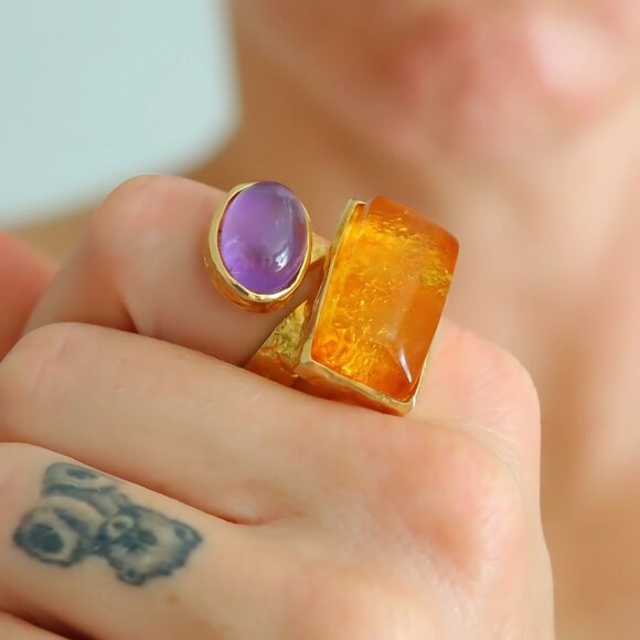 Baltic Amber And Amethyst Gold Ring- 14k Gold Plated s925 - Picture 3 of 8